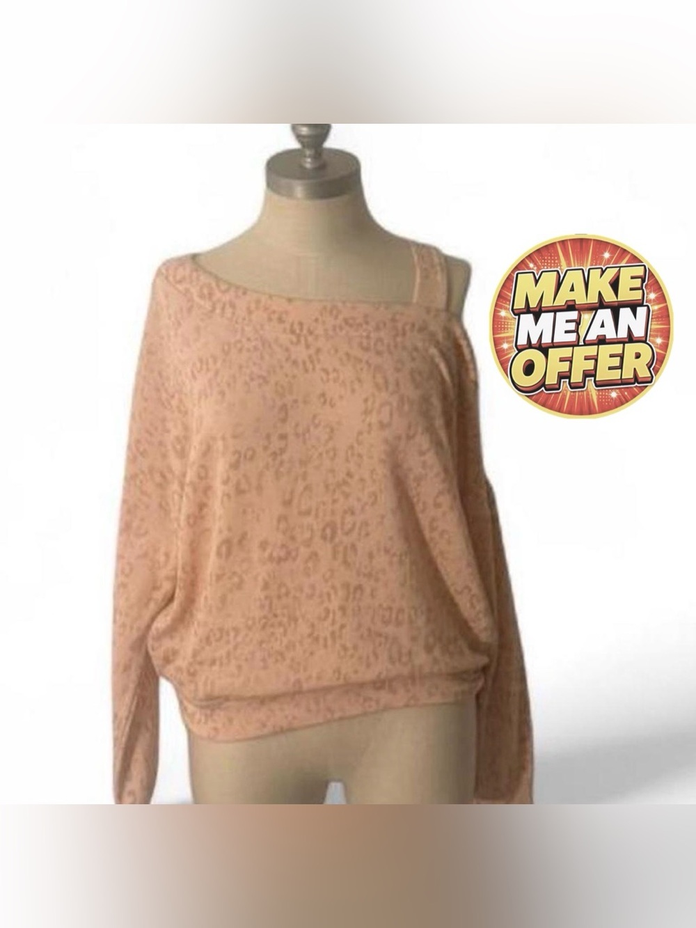 Brand New Hippie Rose Peach Leopard Off-the-Shoulder Sweater - SZ M